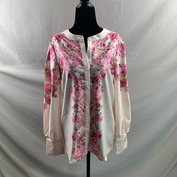 Pink Floral Print Button Front Blouse - Picture 6 of 9